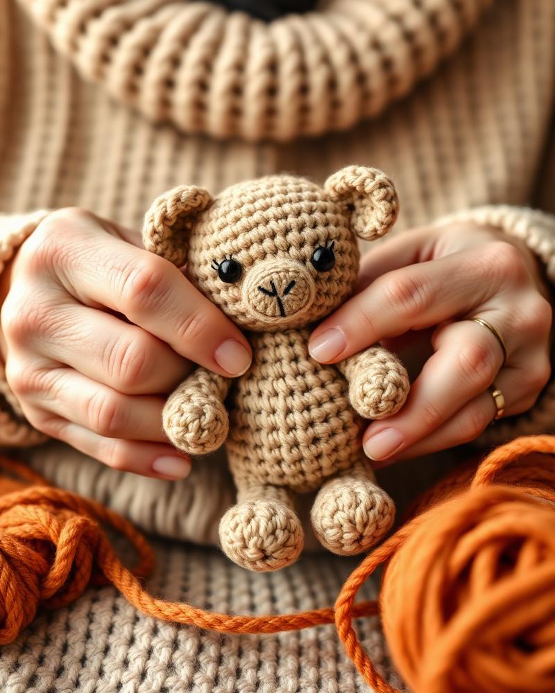 Mãos da Vovó segurando um ursinho de crochê